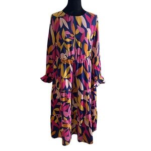 Women's Bright Boho Floral Print Long Sleeve Tiered Midi Dress Casual Small NWT